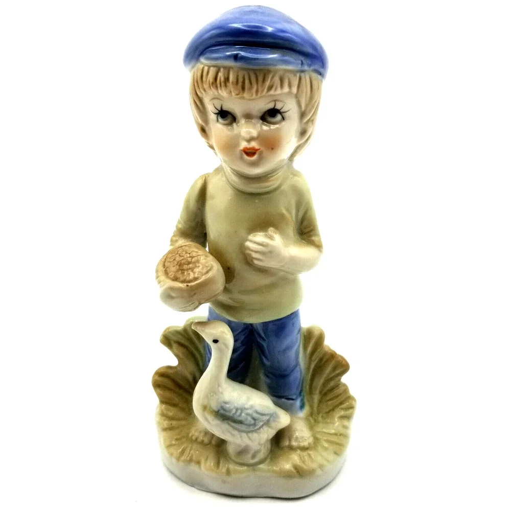 Vintage Porcelain Figurine Boy with Goose Blue Cap 5.5